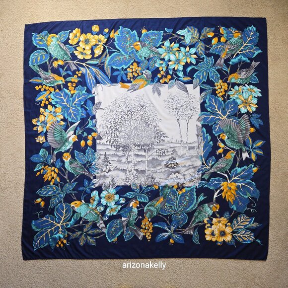 Accessories - HUGE Silk Wrap Scarf Birds Blue Yellow